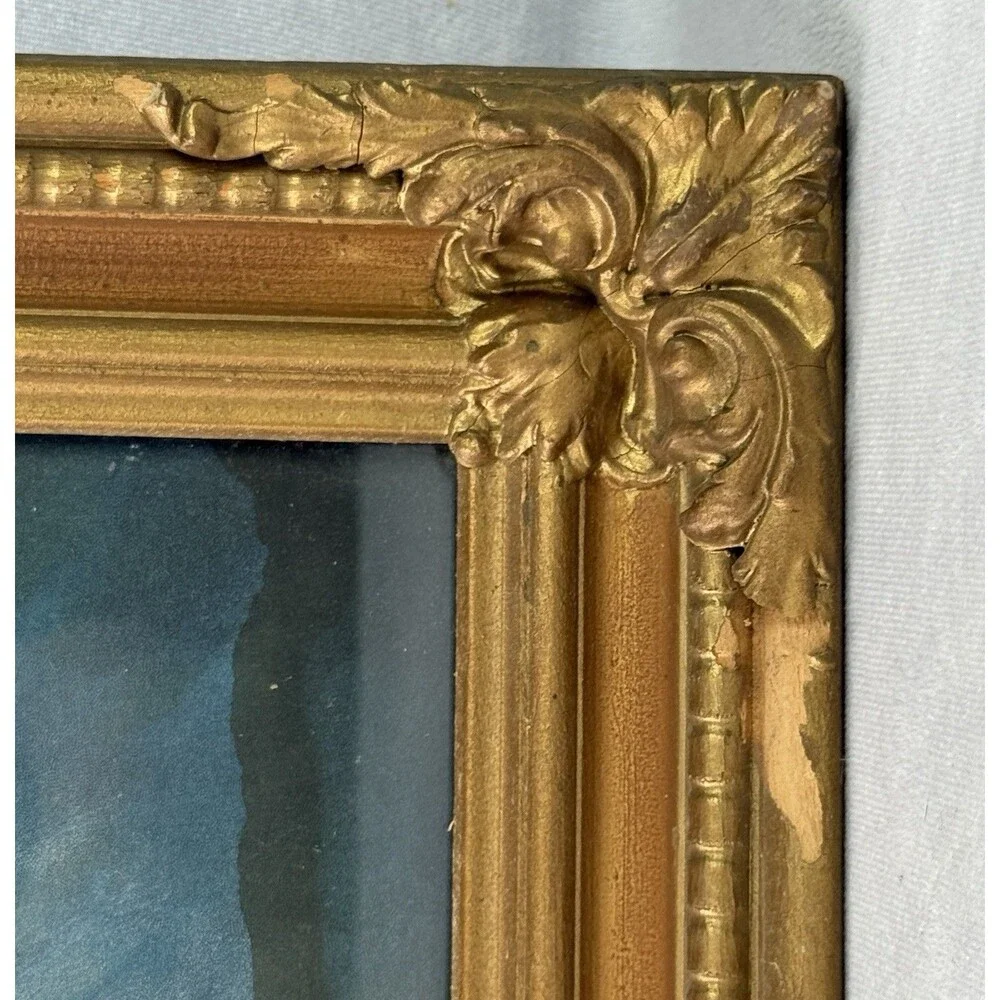 Vintage Jesus Praying Art Under Glass Ornate Gilt Wood Gold Frame Antique